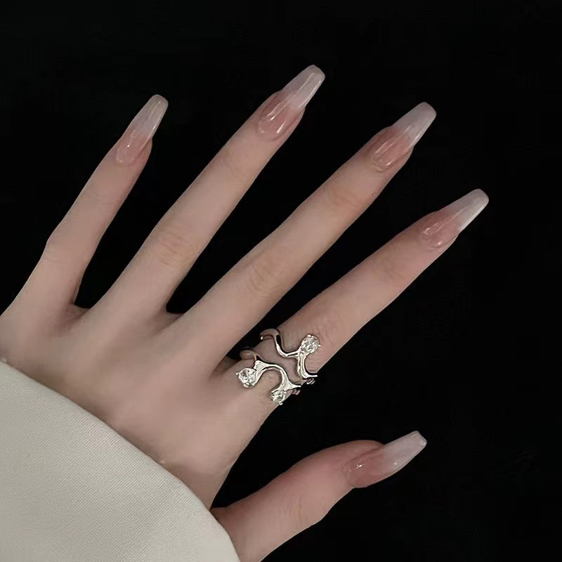 Wholesale niche design sense women's ring senior ins cold wind set diamond zircon chain French open index finger ring