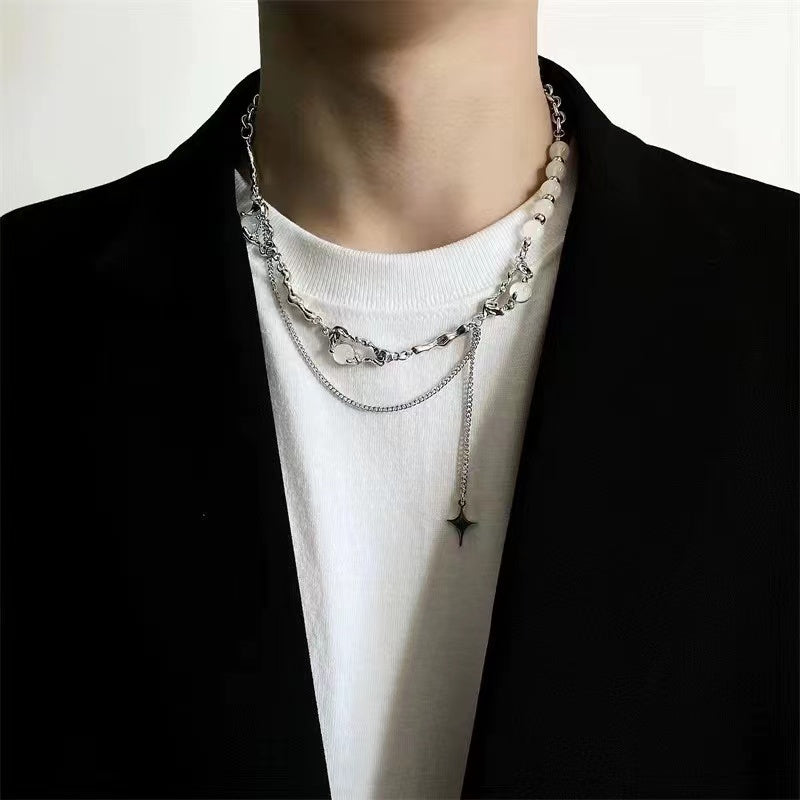 Cat's eye stone stitching mansard tassel necklace men and women niche design senior sense of temperament hip-hop cold wind collarbone chain