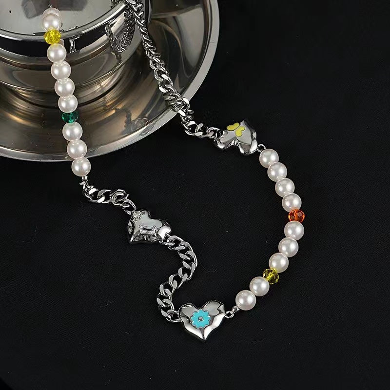 Pearl necklace female love niche senior sense of fashion personality stitching accessories ins the same cold wind clavicle chain