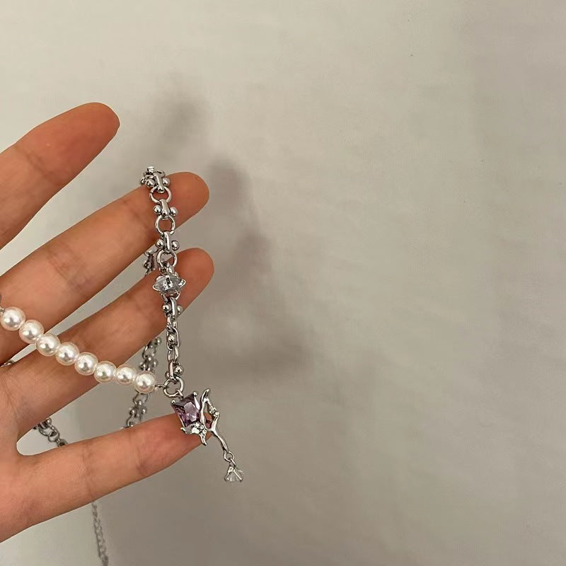 Zirconia pendant necklace female purple super fairy pearl chain splicing collarbone chain