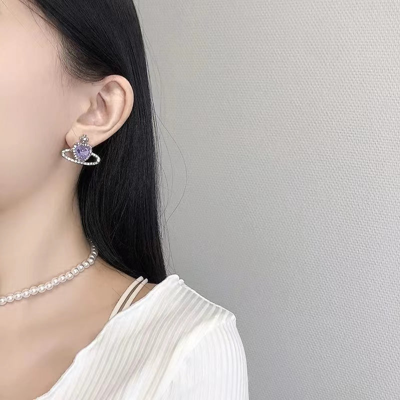 Fantasy purple planet temperament silver needle earrings bracelet necklace