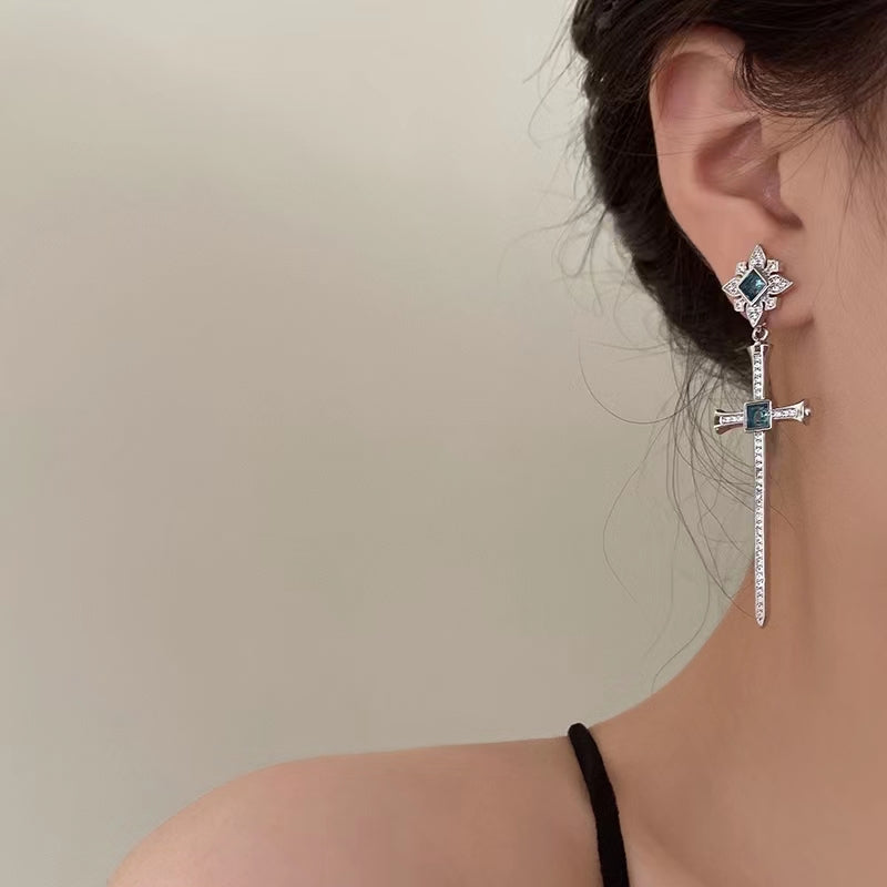 French court vintage sapphire atmospheric cross earrings