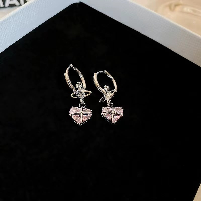 Silver pin awning star with diamond love tassel earrings niche design earrings