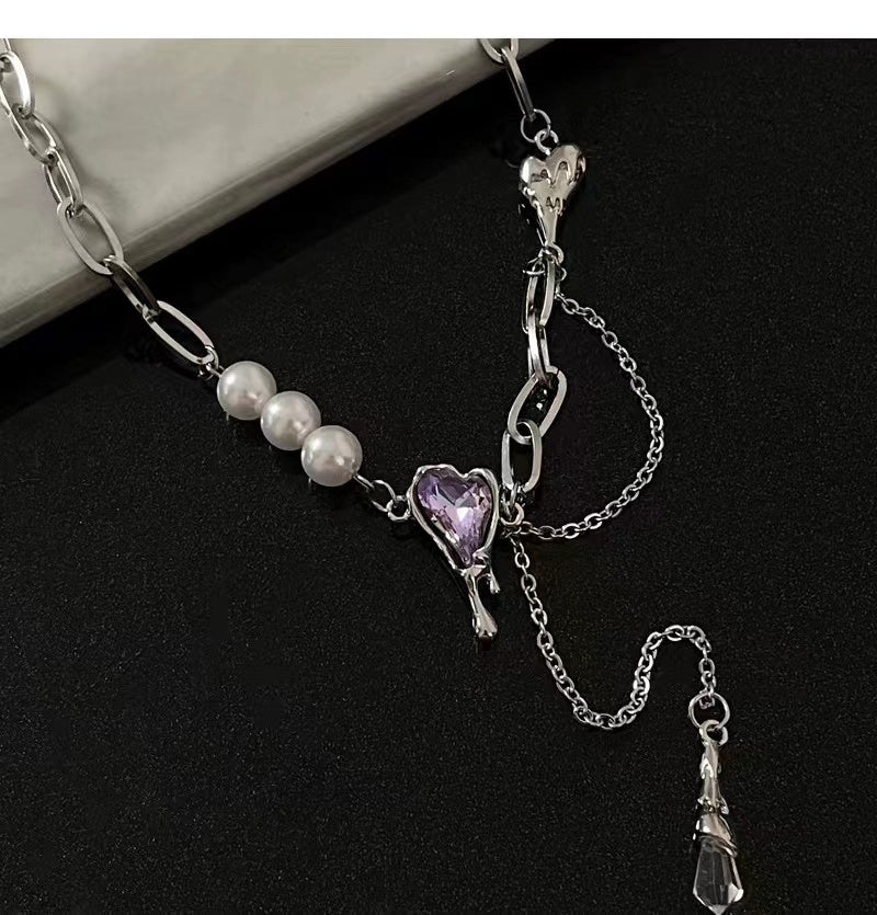 Sweet cool purple diamond love patchwork pearl tassel necklace