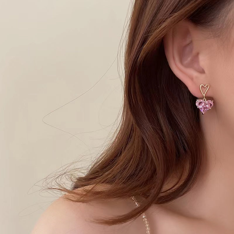 Heartwarming message pink zirconia love earrings high sense of niche design sweet girl temperament delicate earrings