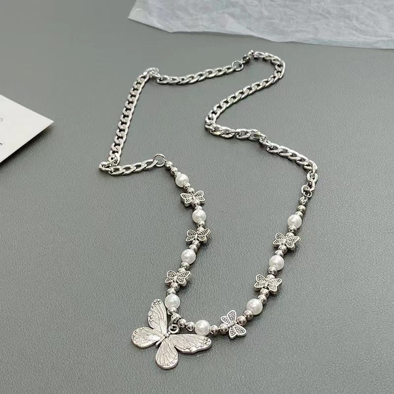 Titanium steel chain vintage pearl butterfly necklace