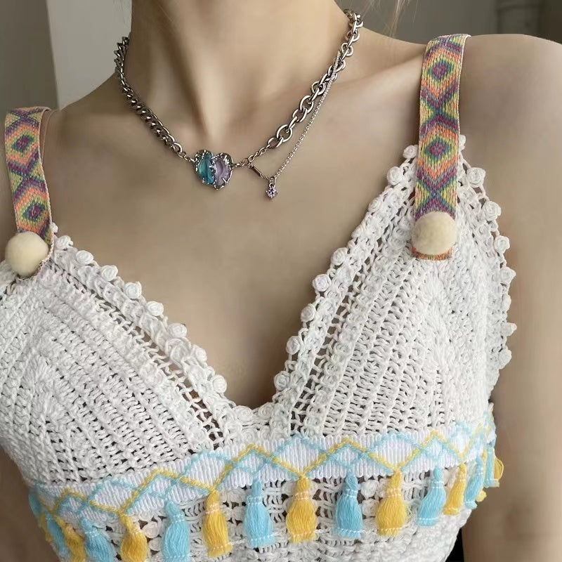 Sweet cool two-color love stitching necklace female niche light luxury ins hip-hop spice girl design sense cold wind collarbone chain