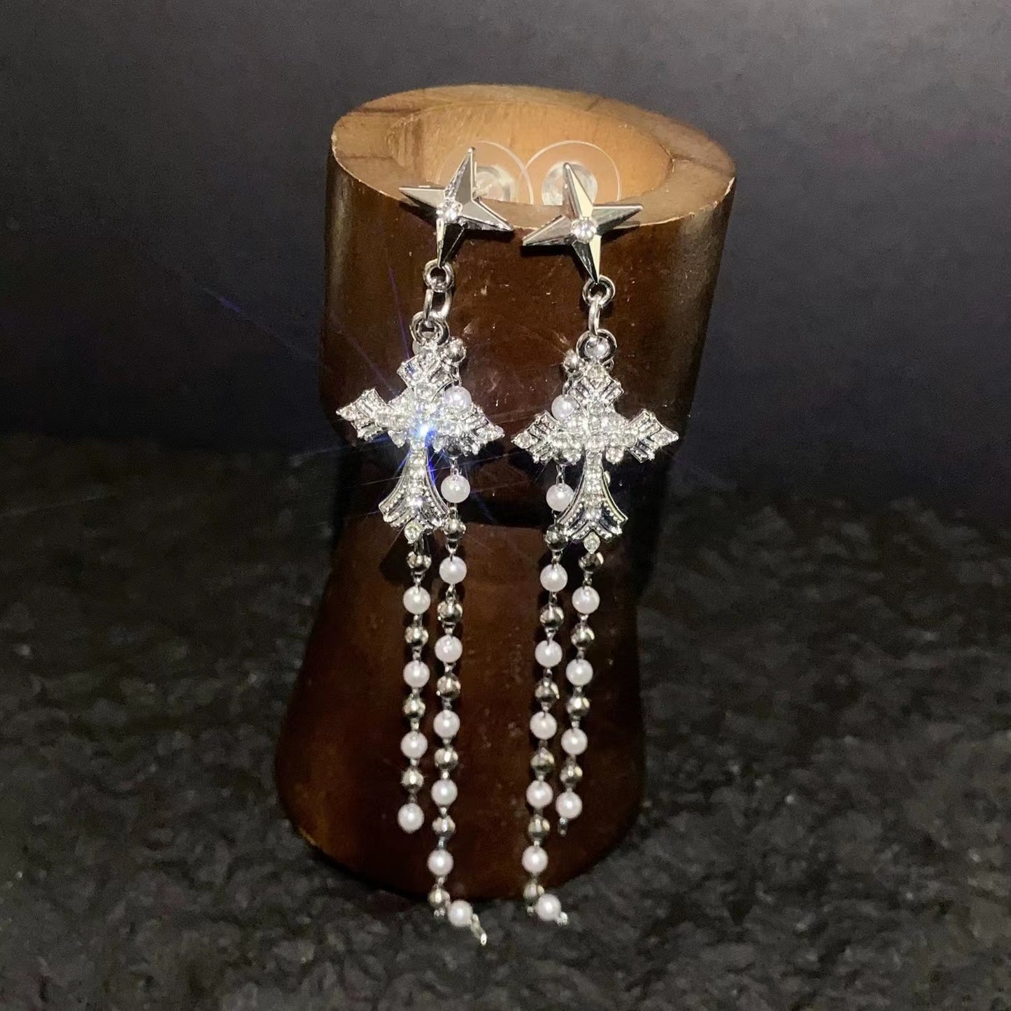 Diamond cross pearl chain beads minimalist tassel long earrings
