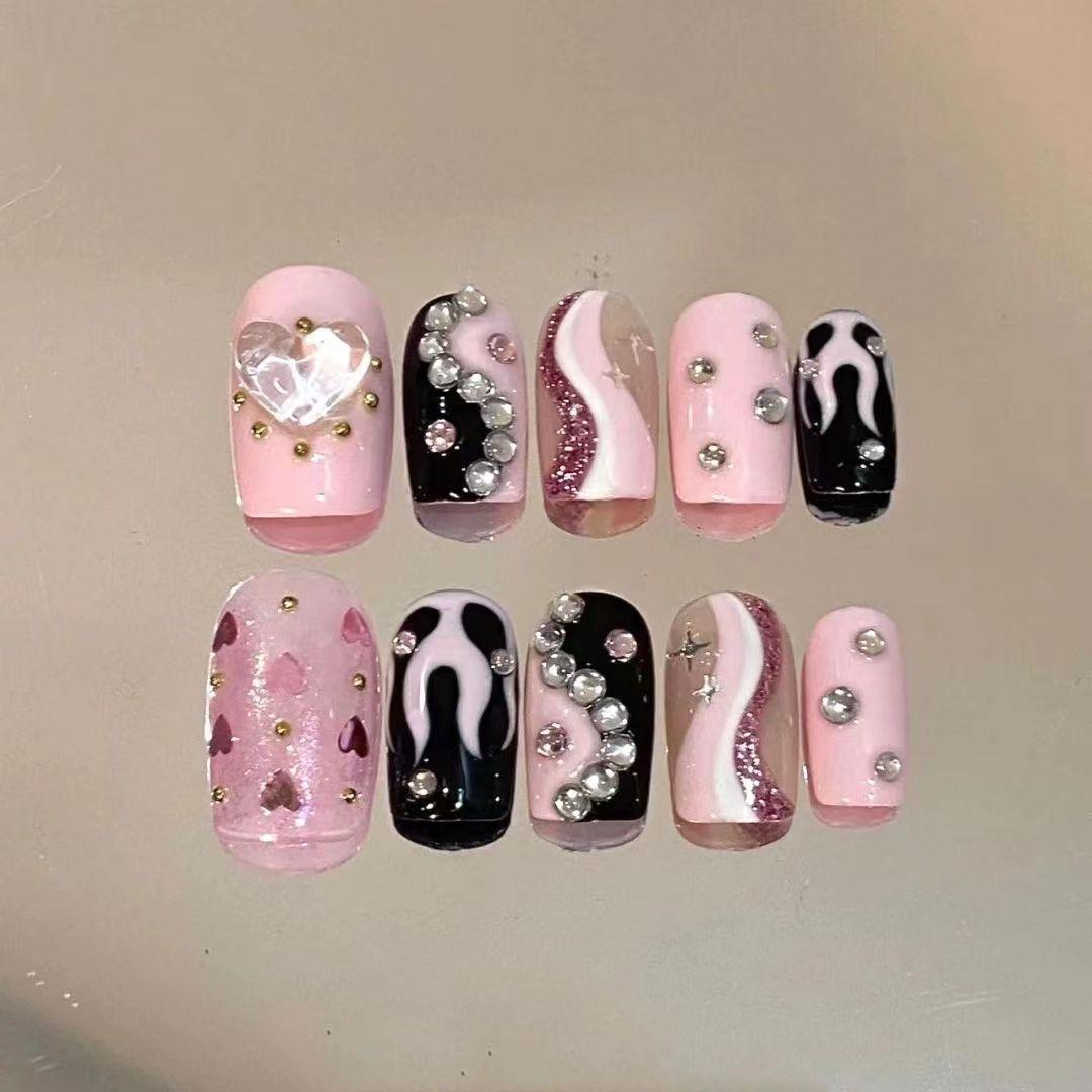 Sweet Cool Hottie Pink Tai Chi Flame Nail Crushed Diamond Nail Art 2K Short Hand Painted Wearable Nail Barbie Pink Trend