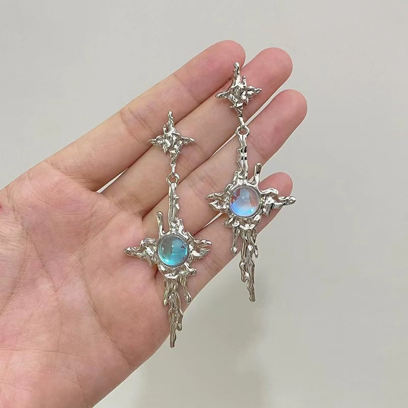 Chinese national tide wind white agate Cross Earrings