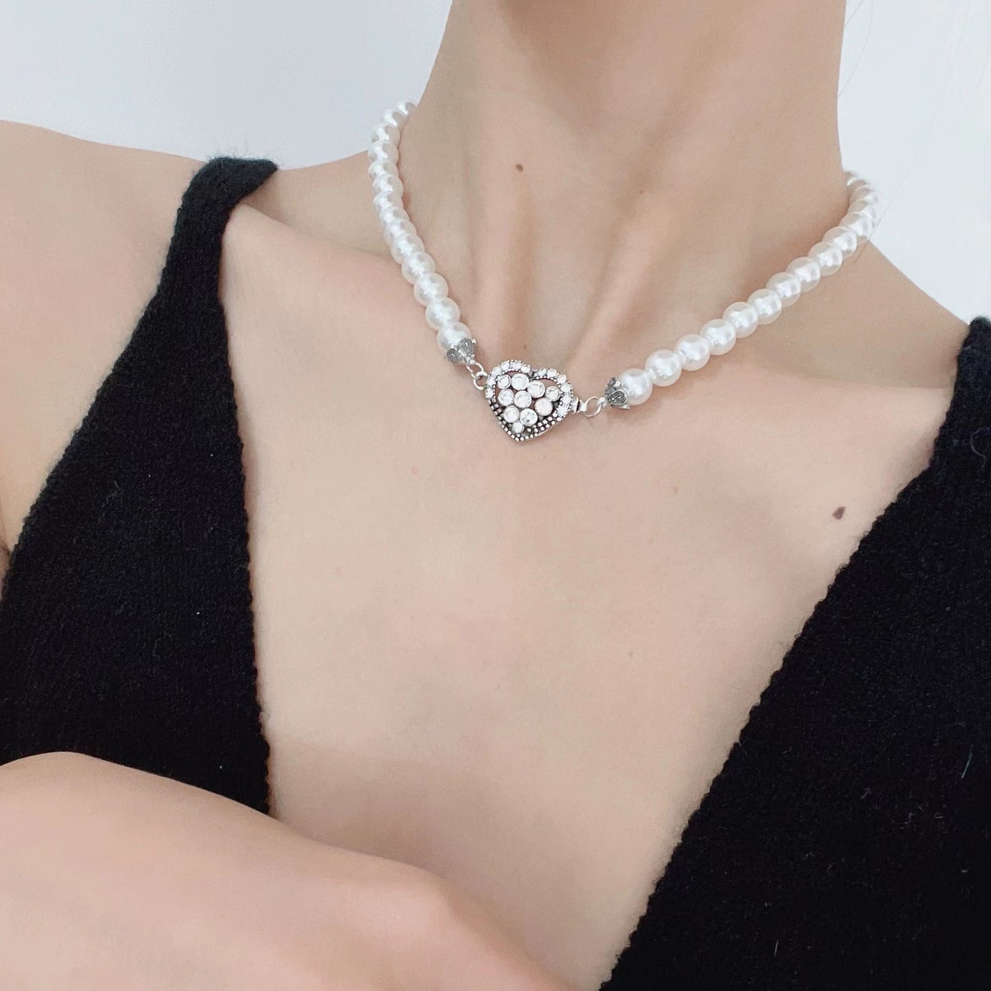 Love heart patchwork pearl necklace