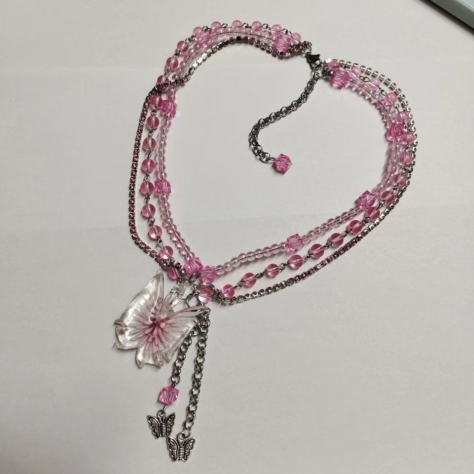 Pink butterfly stacked multi-layered love clear glaze necklace