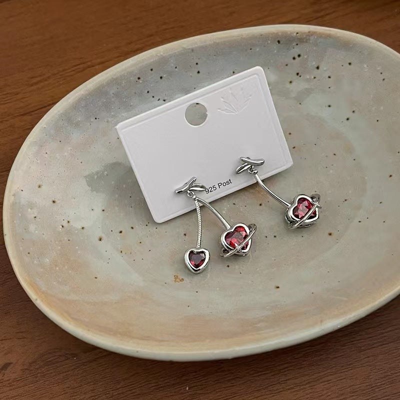 925 silver pin burgundy zirconia love Cheerios earrings niche design sense cold wind earrings ins sweet earrings
