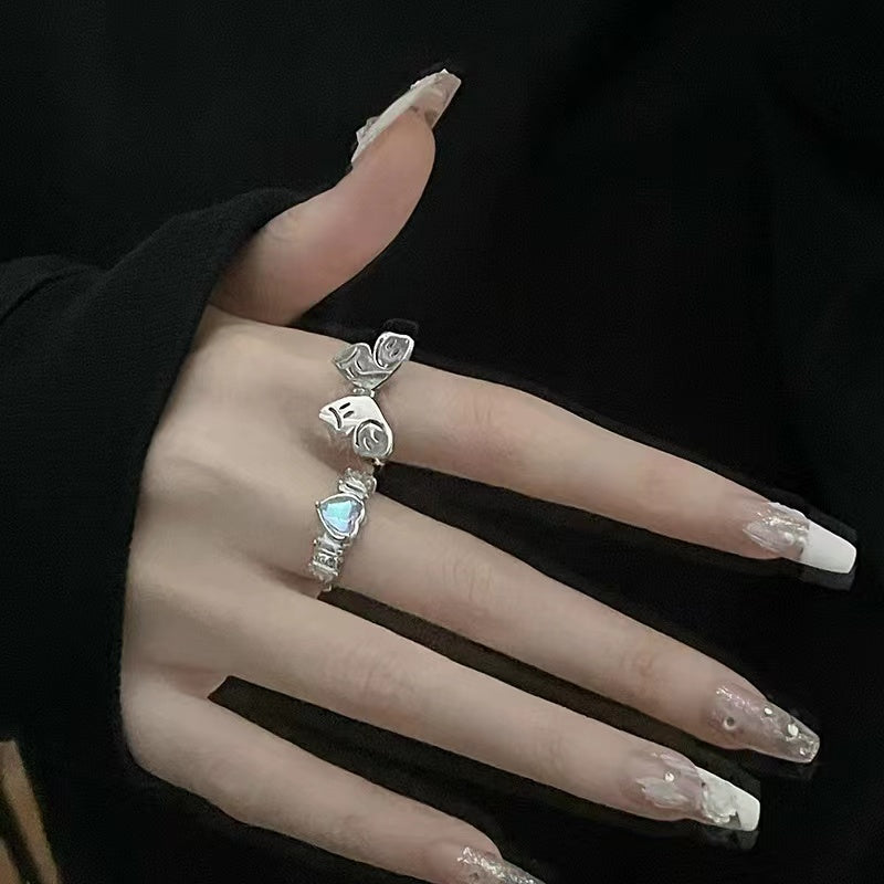Moonstone personalized butterfly smiley face open gemstone love ring