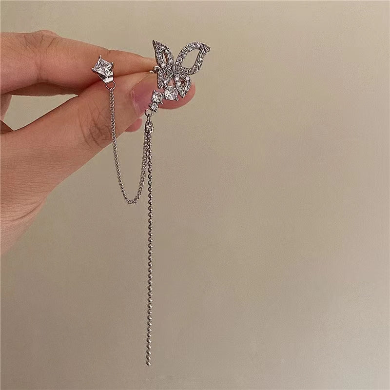 French fairy design senior sense white stone butterfly silver pin earrings