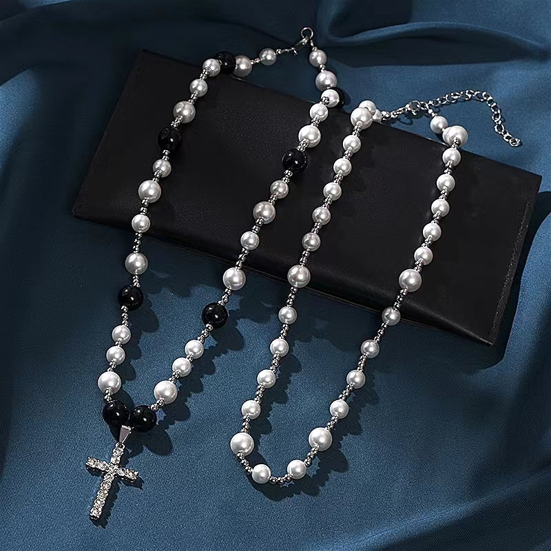 Vintage double black and white pearl necklace with diamond and zirconia cross