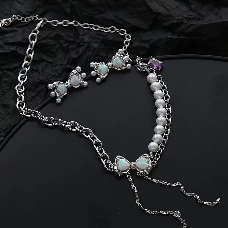 Pearl necklace female ins niche design sense sweet cool Opal bow tassel pendant Opal personality collarbone chain