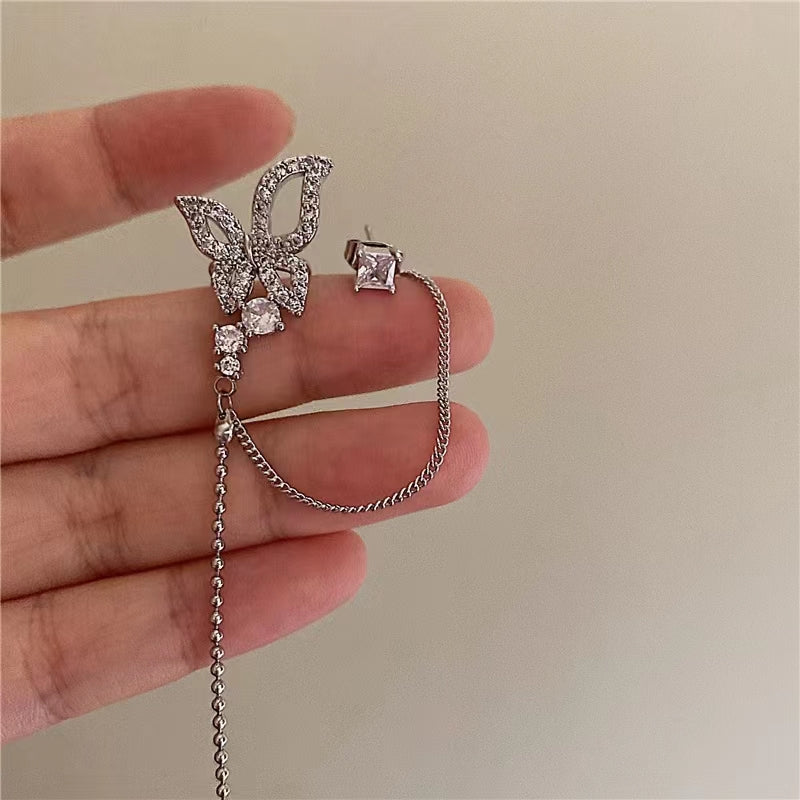 French fairy design senior sense white stone butterfly silver pin earrings