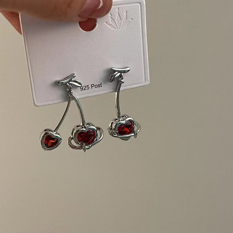 925 silver pin burgundy zirconia love Cheerios earrings niche design sense cold wind earrings ins sweet earrings