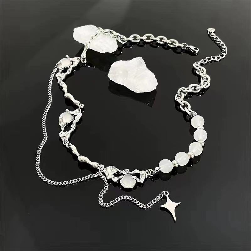 Cat's eye stone stitching mansard tassel necklace men and women niche design senior sense of temperament hip-hop cold wind collarbone chain