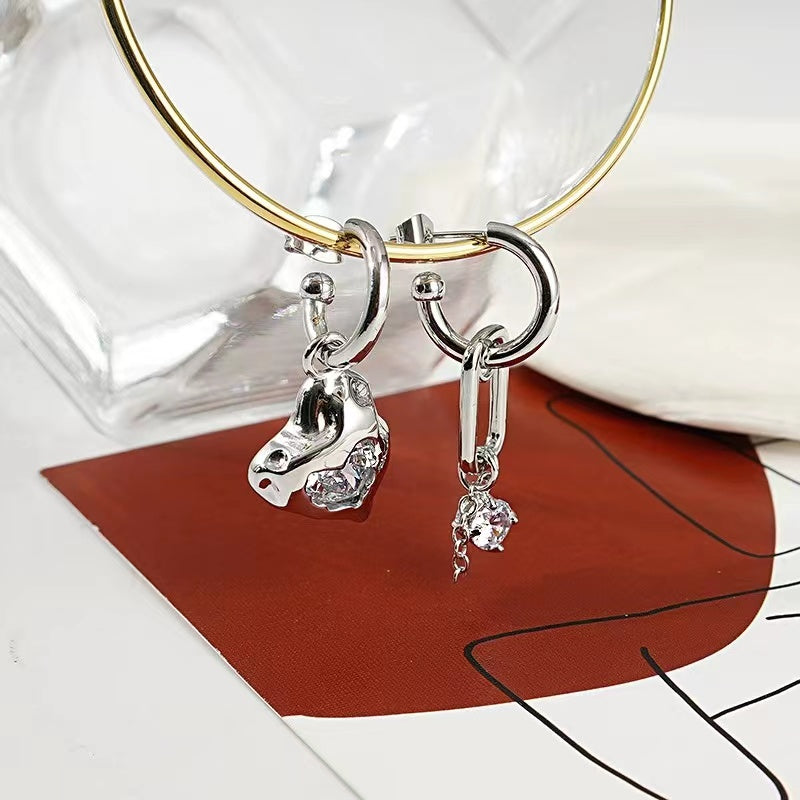 Cold wind earrings female ins wind exaggerated asymmetric silver zirconia earrings 925 silver pin senior sense of love earrings