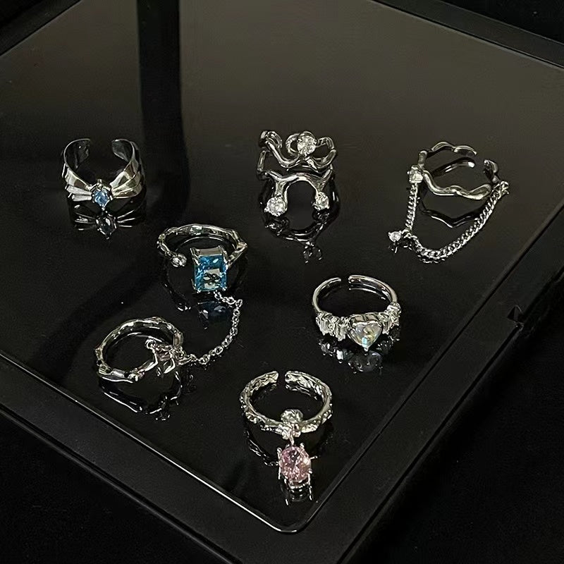 Wholesale niche design sense women's ring senior ins cold wind set diamond zircon chain French open index finger ring