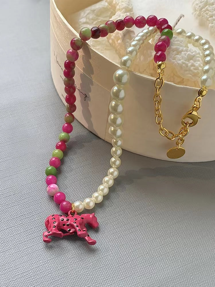 Sweet cool pink leopard pearl necklace