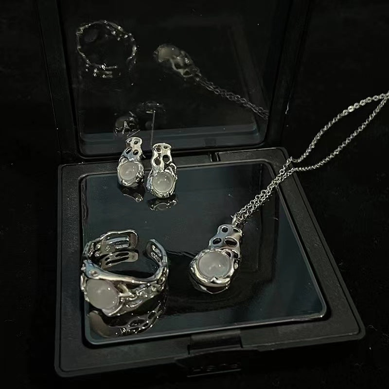 Niche design opal set ins cold wind open ring personality minimalist necklace senior sense earrings female
