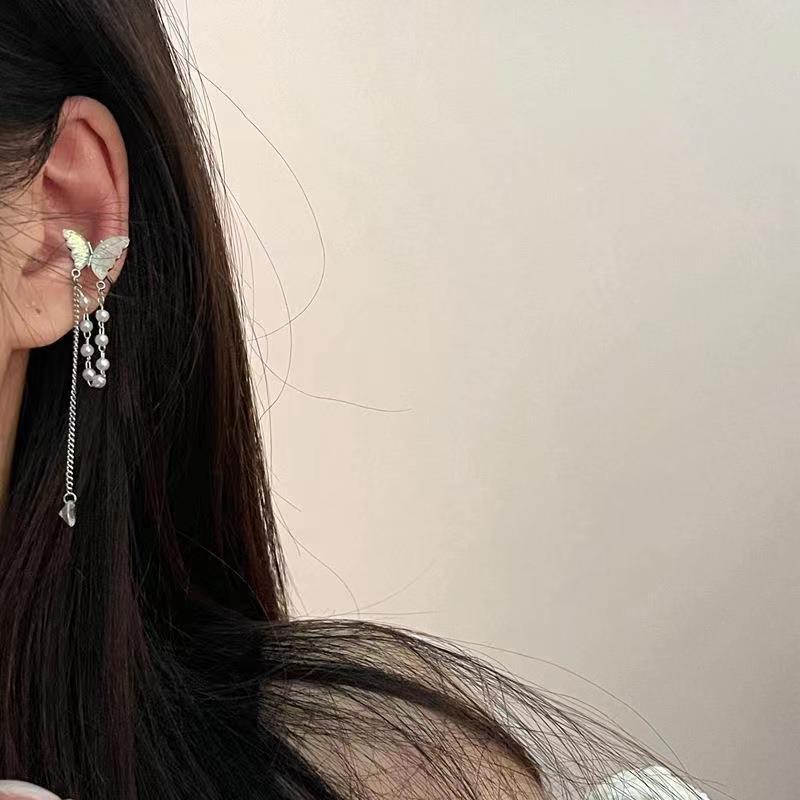 No ear hole super fairy mermaid girl color butterfly pearl tassel ear clip mori temperament fashion gentle cold ear bone clip