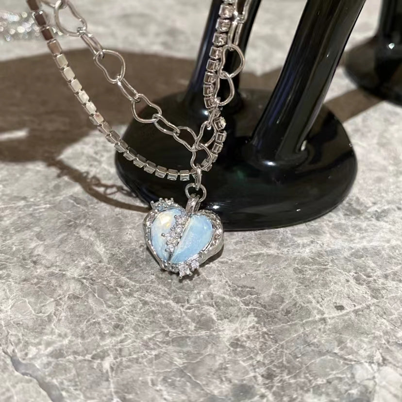 Sweet cool design opal sky blue love zirconia double layer necklace