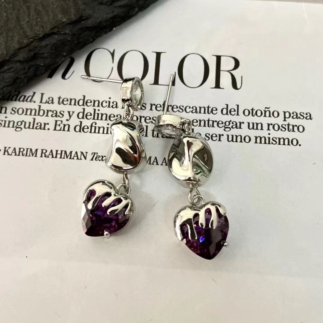 Retro droplets purple crystal love earrings ins cold wind Europe and the United States niche design earrings female tide