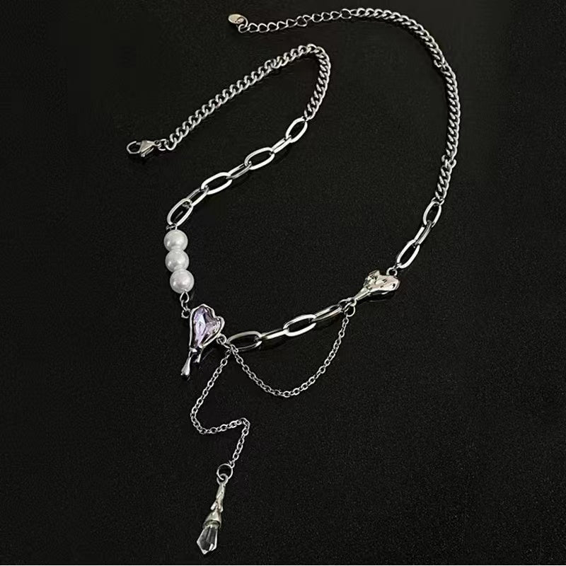 Sweet cool purple diamond love patchwork pearl tassel necklace