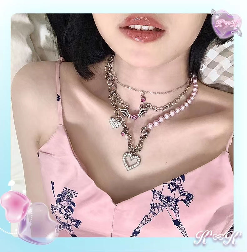 Stacked pink love pearl necklace