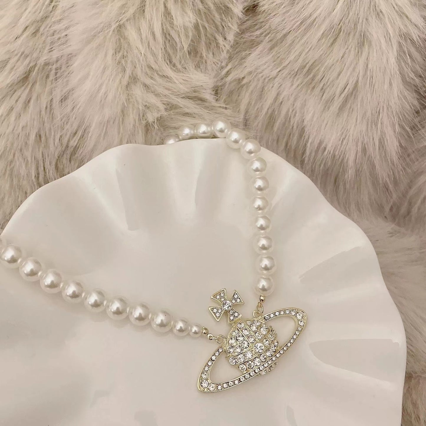 Vintage classic pearl choker Swarovski rhinestone collarbone chain