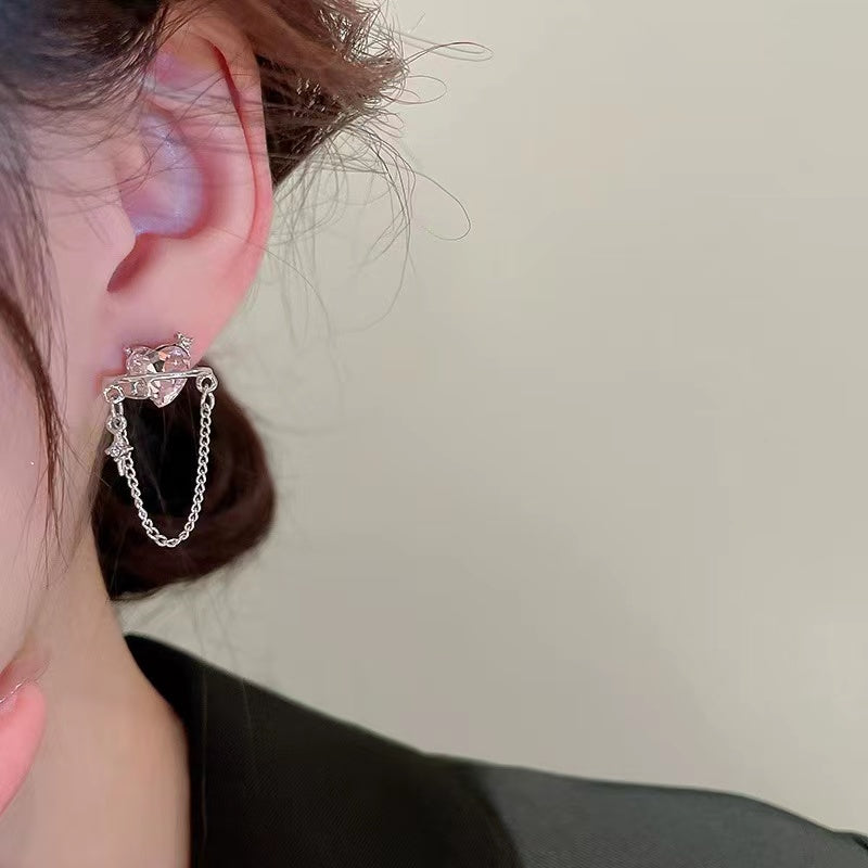 Silver pin awning star with diamond love tassel earrings niche design earrings