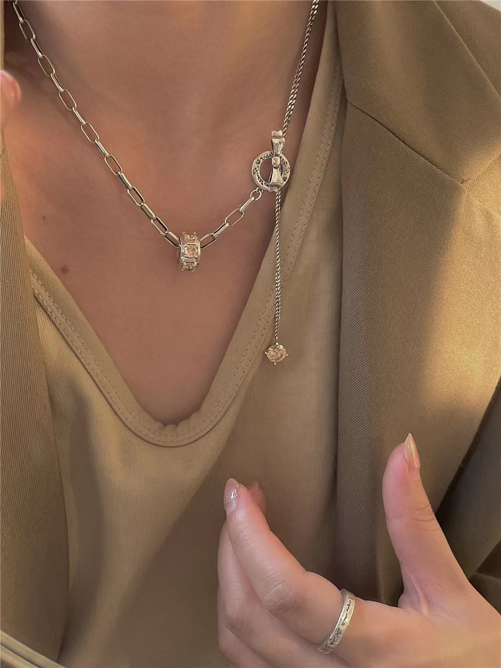 s925 sterling silver zirconia OT buckle bow necklace sweater chain female autumn and winter light luxury niche design sense fashion senior