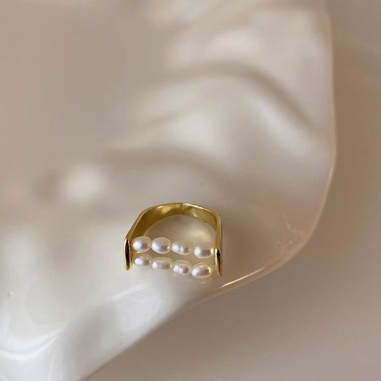 French vintage zircon metal pearl oil drip checkerboard ring
