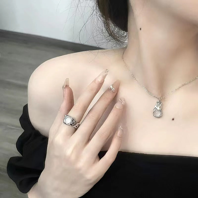 Niche design opal set ins cold wind open ring personality minimalist necklace senior sense earrings female