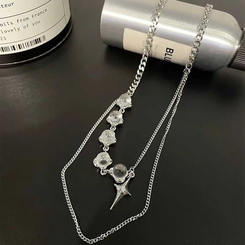 Sweet cool spicy girl light luxury transparent round beads stitching star mango necklace female niche double layer stacked wear ins hip-hop collarbone chain