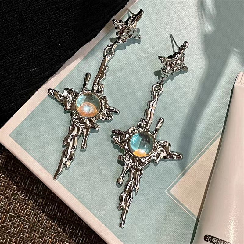 Chinese national tide wind white agate Cross Earrings