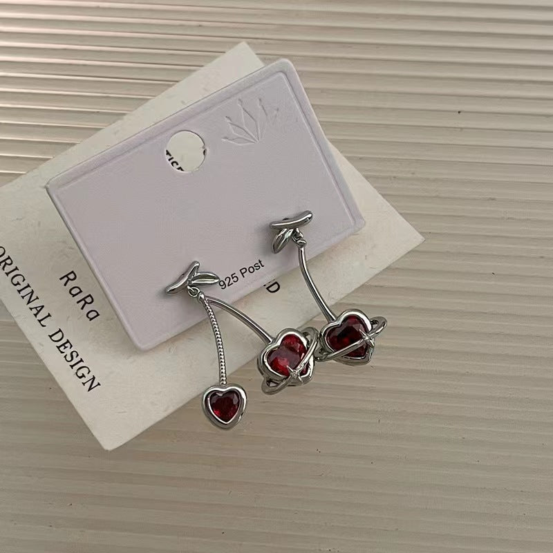 925 silver pin burgundy zirconia love Cheerios earrings niche design sense cold wind earrings ins sweet earrings