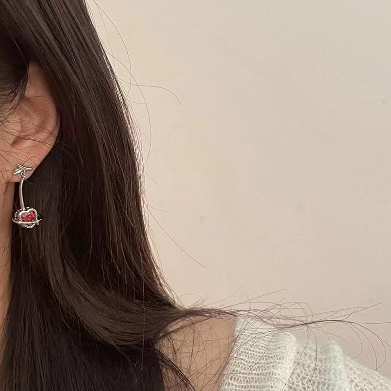 925 silver pin burgundy zirconia love Cheerios earrings niche design sense cold wind earrings ins sweet earrings