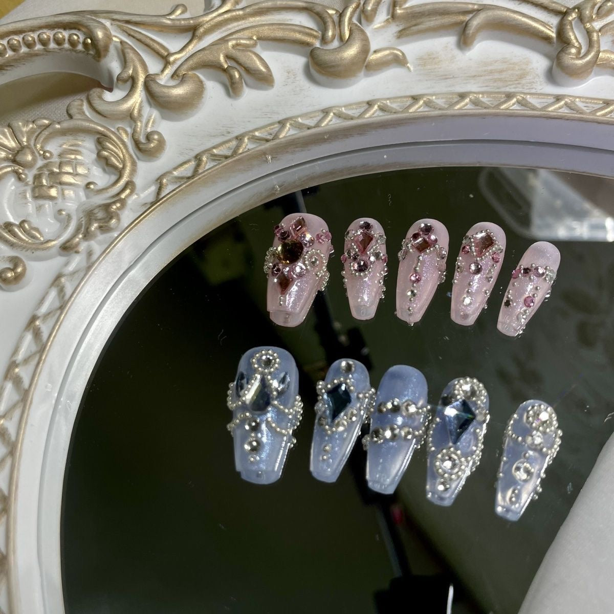 Pink and blue advanced customized manicure, pure handmade