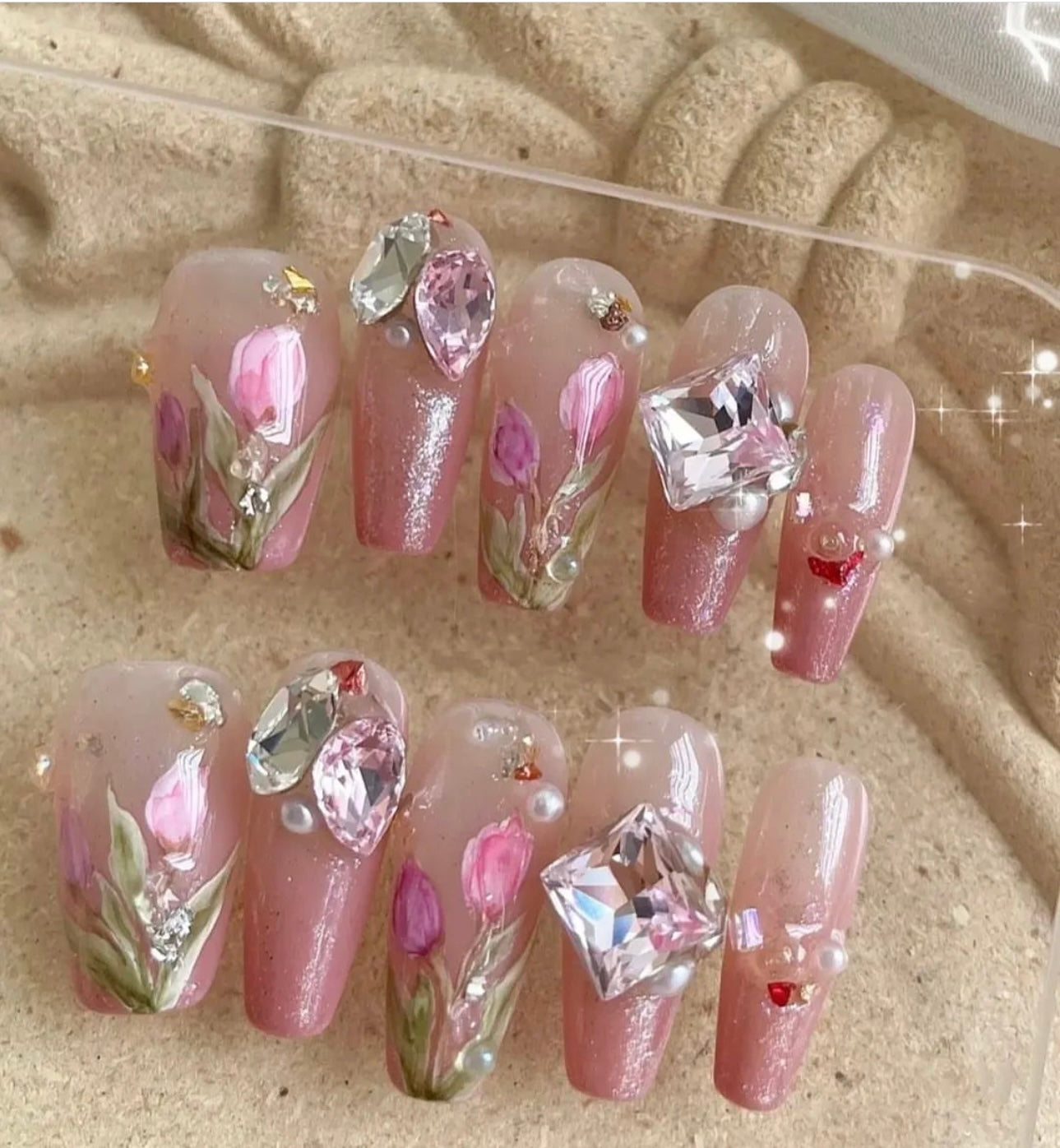 Hand-painted tulip flower diamond nails