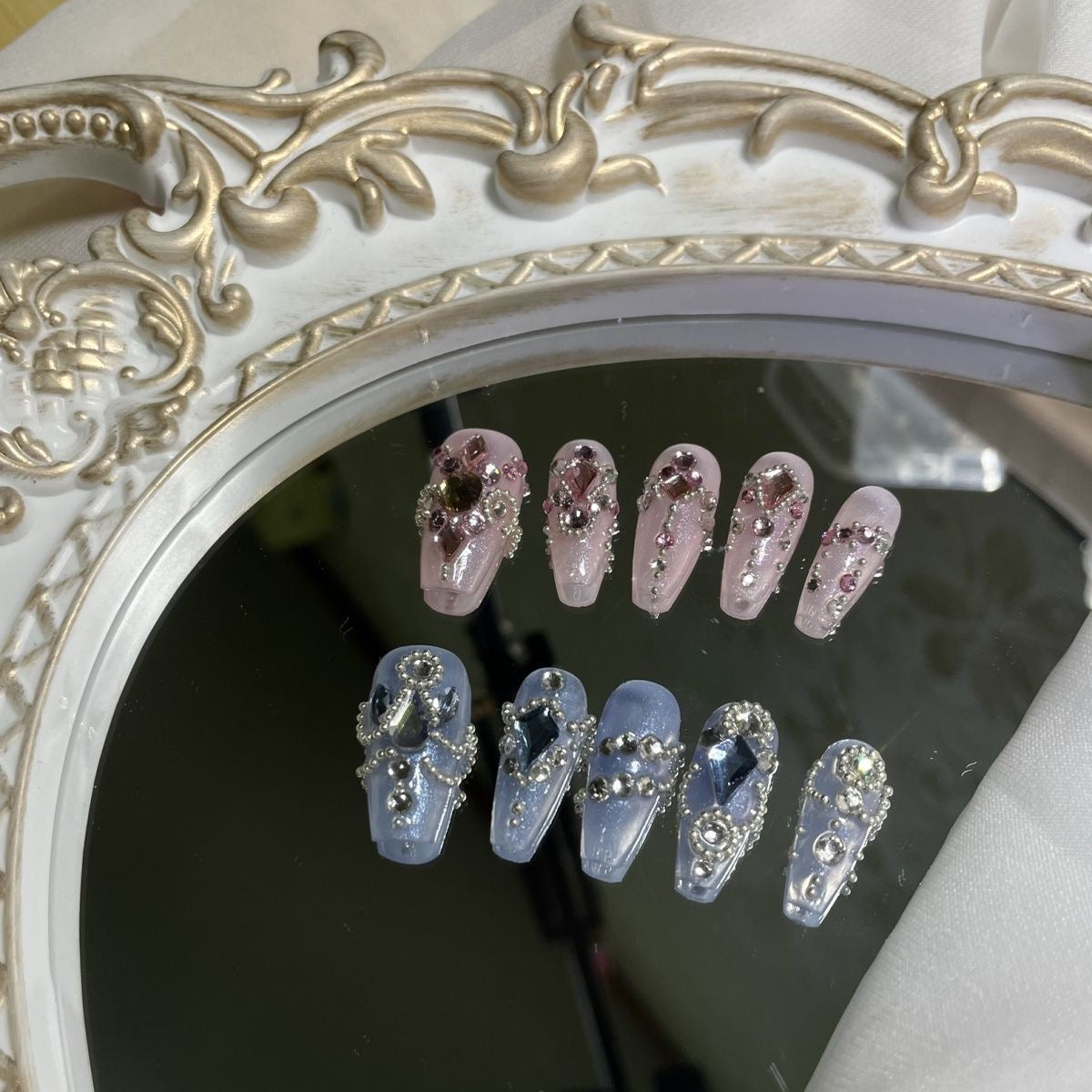 Pink and blue advanced customized manicure, pure handmade