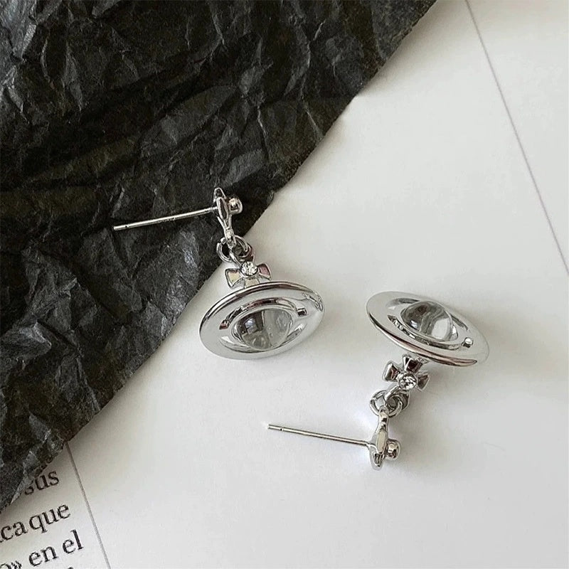 Saturn Tide Earrings Transparent Crystal Water Drop Pendant Frisbee Earrings