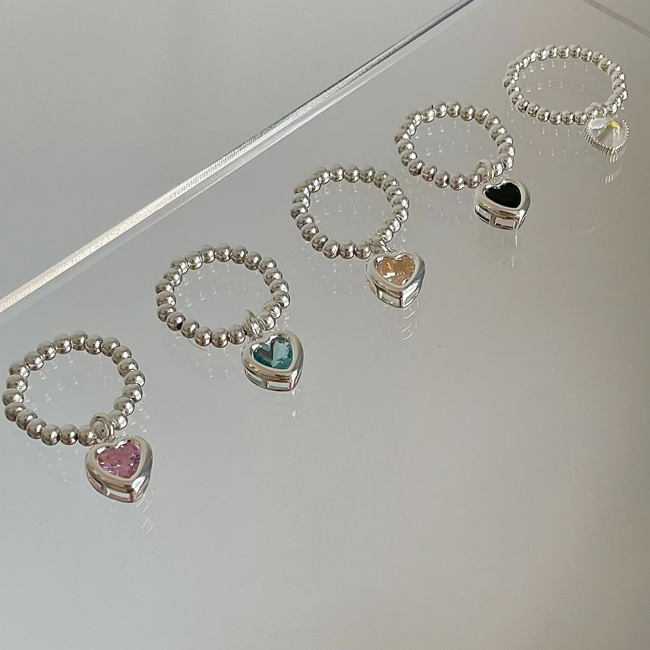 S925 Sterling Silver Colorful Loveable Beaded Ring Jewelry High grade Design Ring Girl