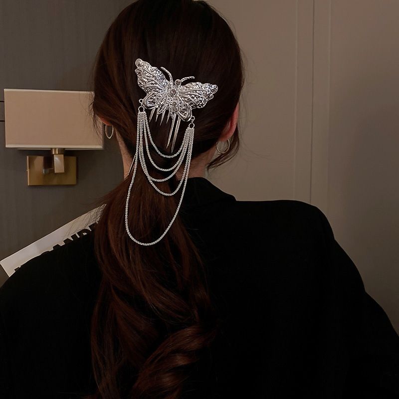 Ancient style high sense diamond inlaid butterfly tassel hairpin female minority modern u-shaped hairpin daily simple hairpin headdress