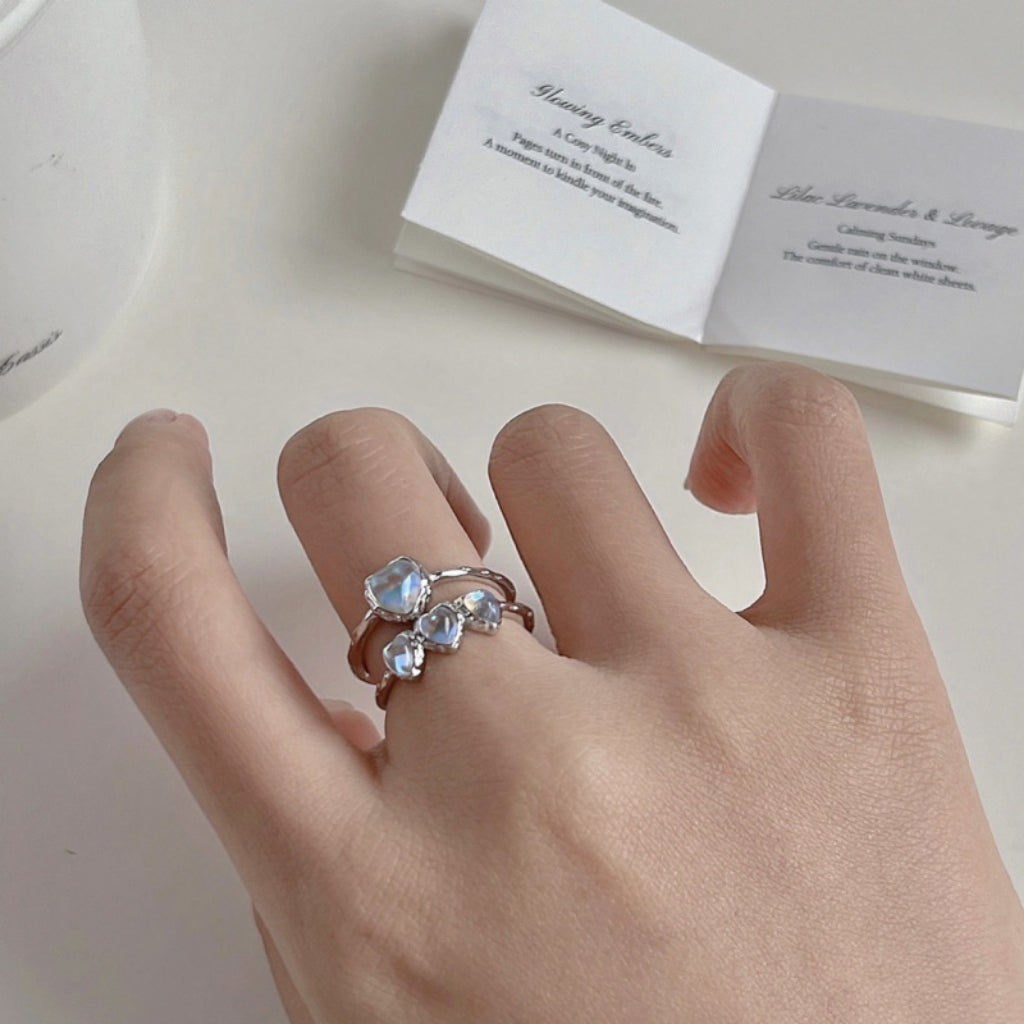 Moonlight Stone Love Ring Female ins Small Design Fantasy Shiny S925 Silver Open Ring Sweet and Cool