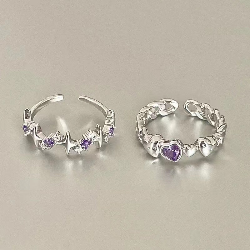 Purple Diamond Pair Ring Galaxy Brilliant Series Ring ins Sweet Style Love Four Star Index Finger Ring